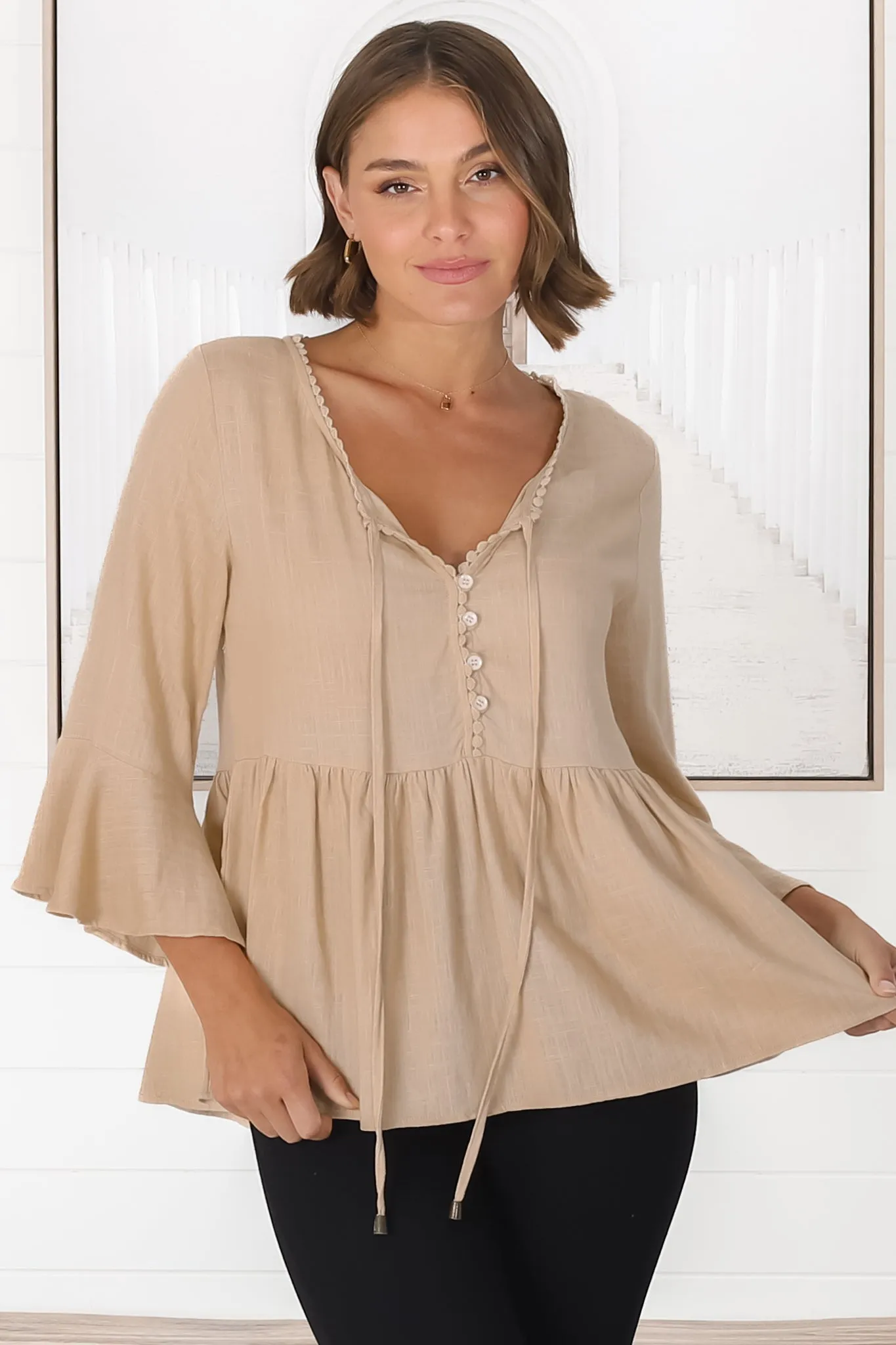 Sandy Top - Crochet Neckline Buttoned Bodice Flare Sleeve Smock Top in Cream sold by Salty Crush product image thumbnail 4