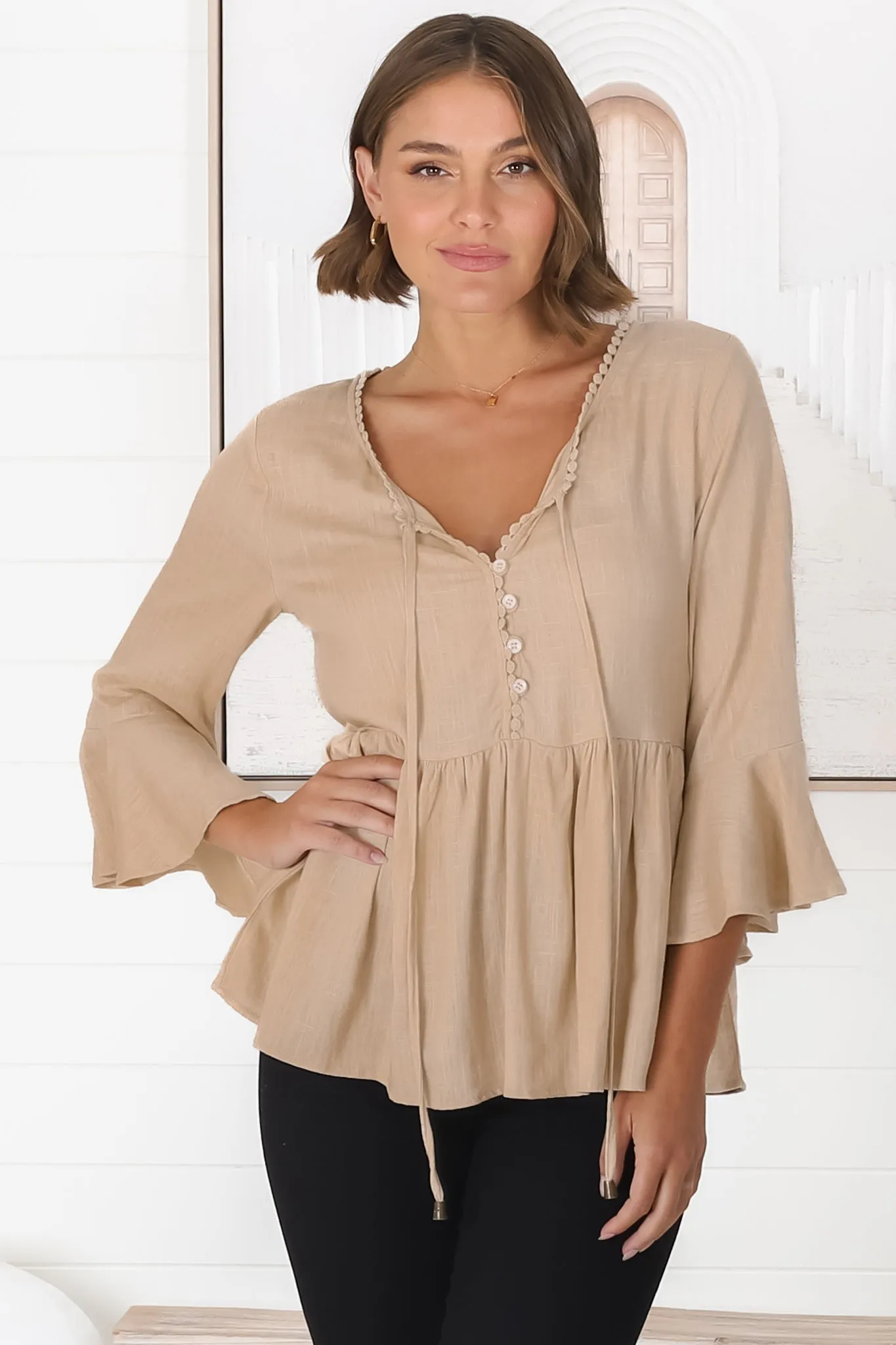 Sandy Top - Crochet Neckline Buttoned Bodice Flare Sleeve Smock Top in Cream sold by Salty Crush product image thumbnail 2