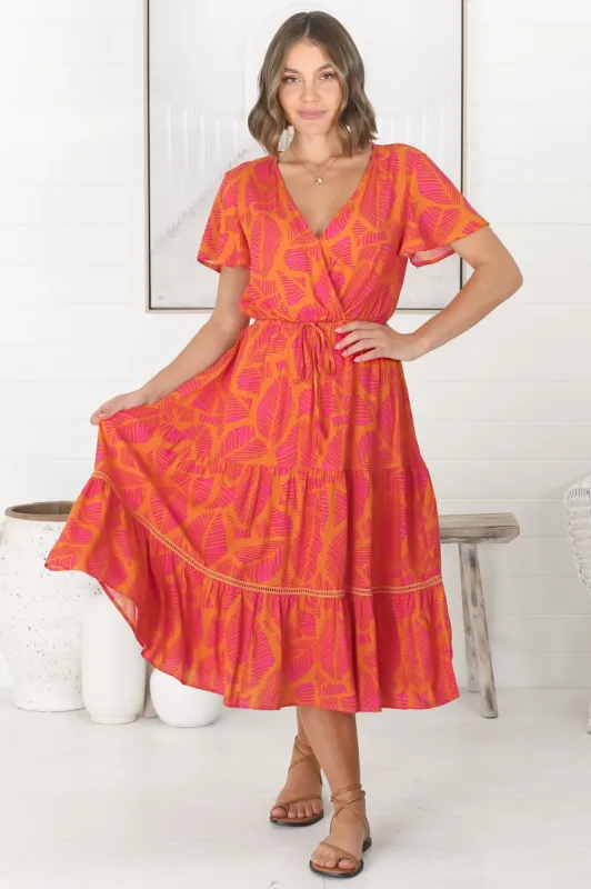 Havanah Midi Dress - Cross Bodice A Line Dress with Crochet Spilicing in Orange sold by Salty Crush