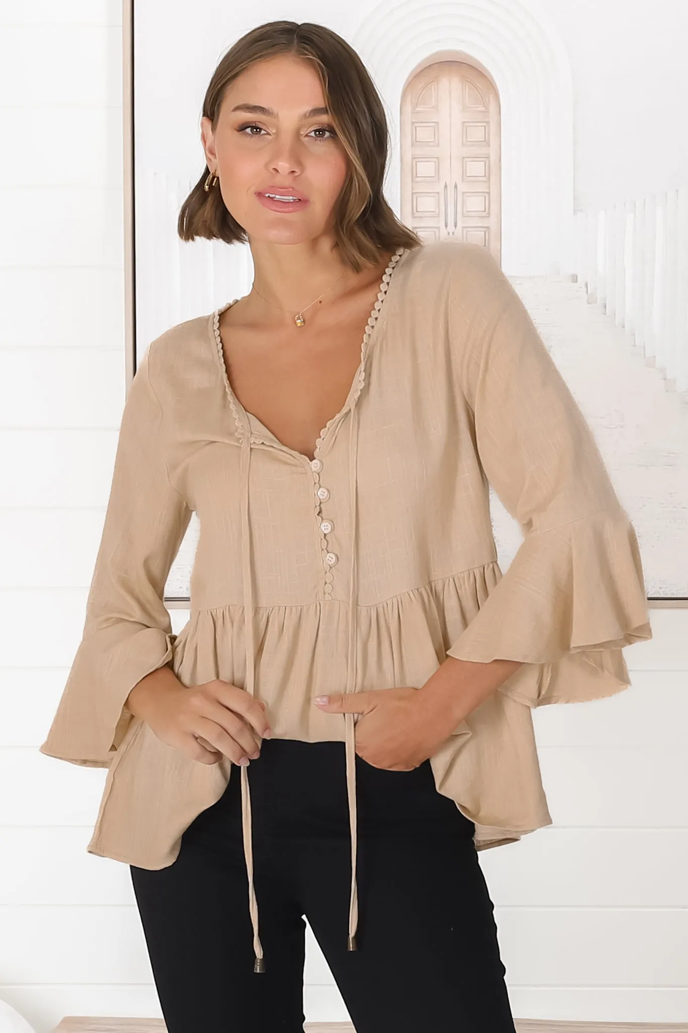 Sandy Top - Crochet Neckline Buttoned Bodice Flare Sleeve Smock Top in Cream sold by Salty Crush product image thumbnail 5