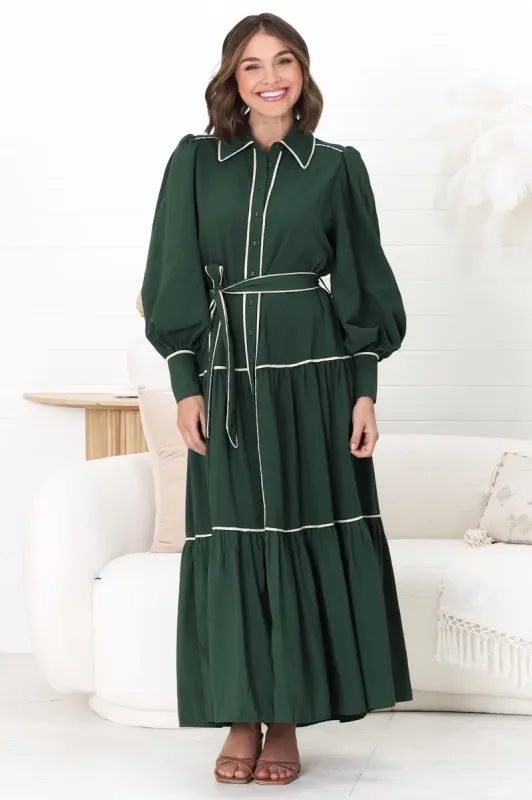 Marise Maxi Dress - A Line Dress with Collared Neckline and Long Sleeves in Emerald sold by Salty Crush
