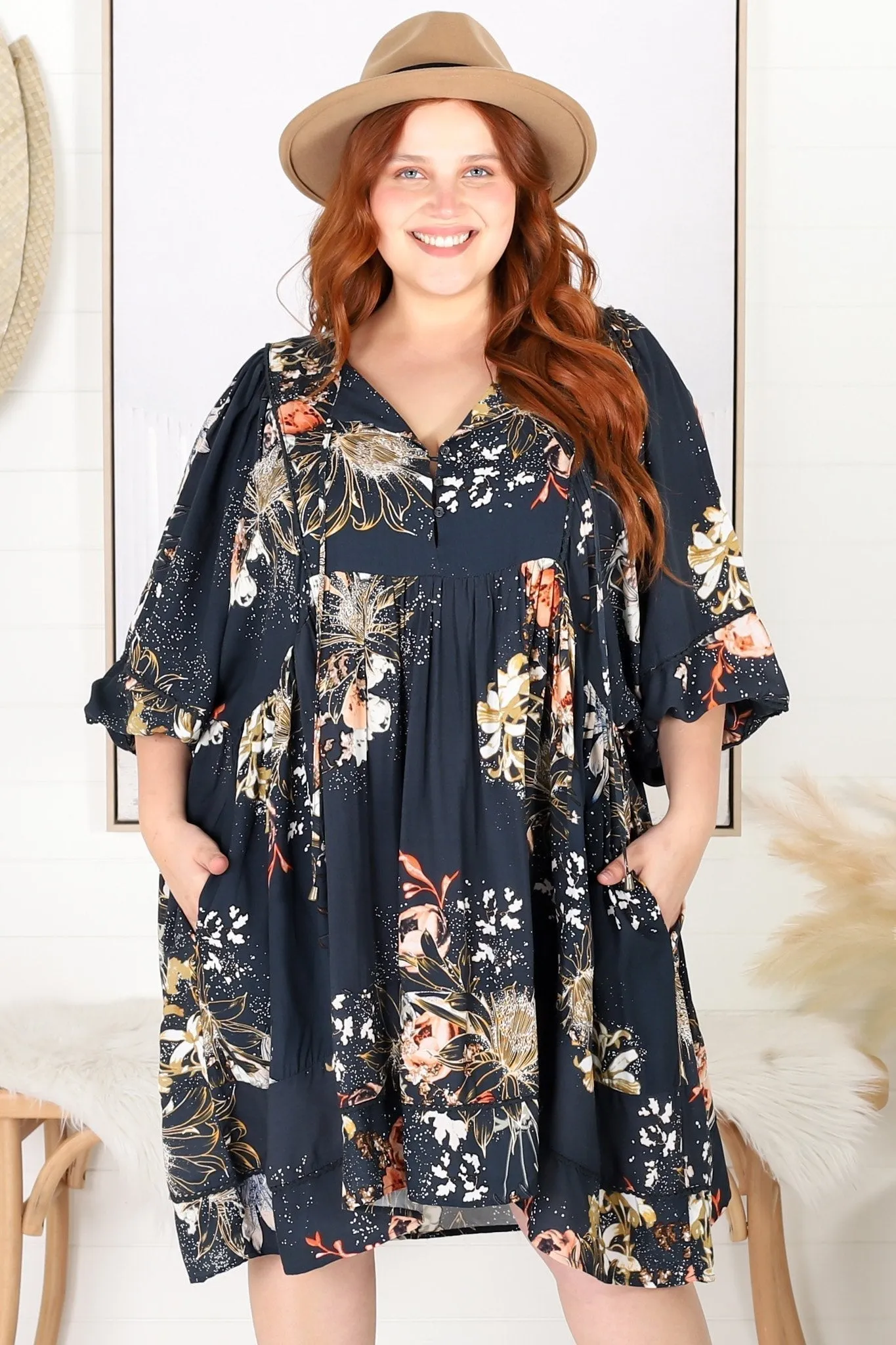 Adela Mini Dress - Oversized Smock Dress with Batwing Sleeves in Indigo Print sold by Salty Crush product image thumbnail 4