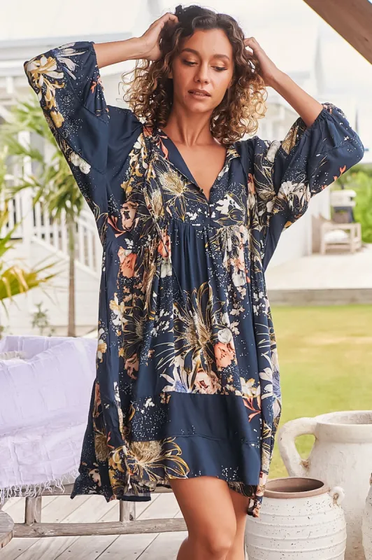 Adela Mini Dress - Oversized Smock Dress with Batwing Sleeves in Indigo Print sold by Salty Crush