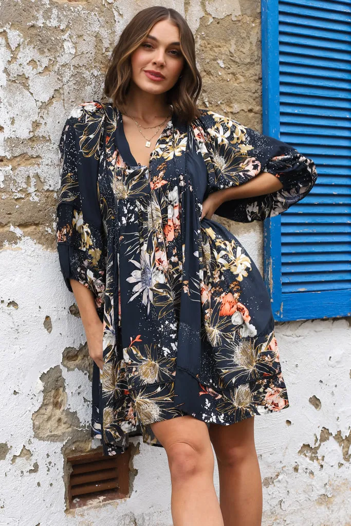 Adela Mini Dress - Oversized Smock Dress with Batwing Sleeves in Indigo Print sold by Salty Crush product image thumbnail 3