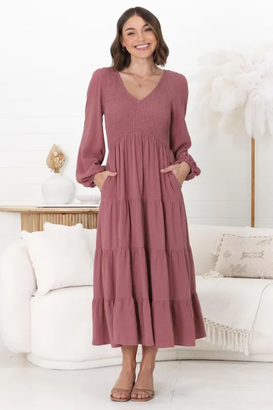 Maive Midi Dress - Shirred Bodice Tiered A Line Dress in Wine sold by Salty Crush