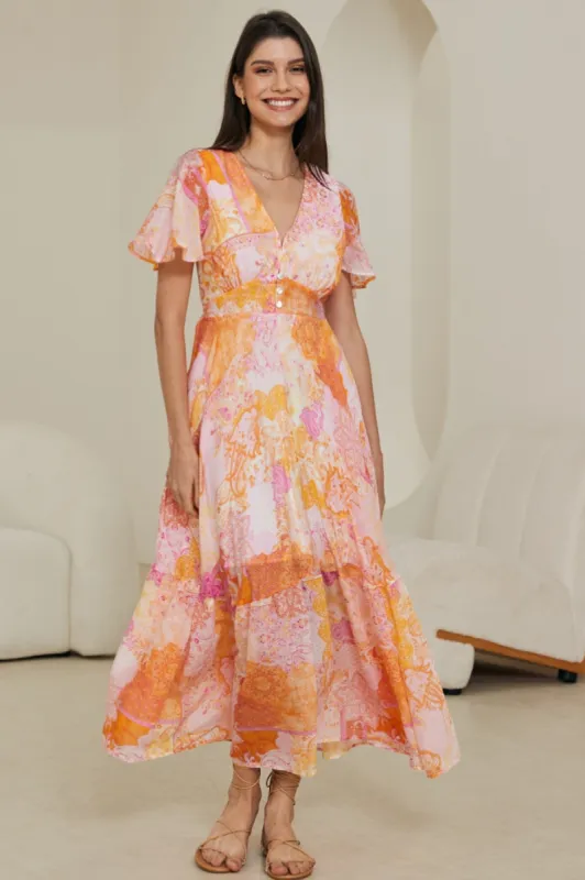 Libby Maxi Dress - Flutter Cap Sleeve Button Waist Detailed A Line Dress in Rara Print sold by Salty Crush