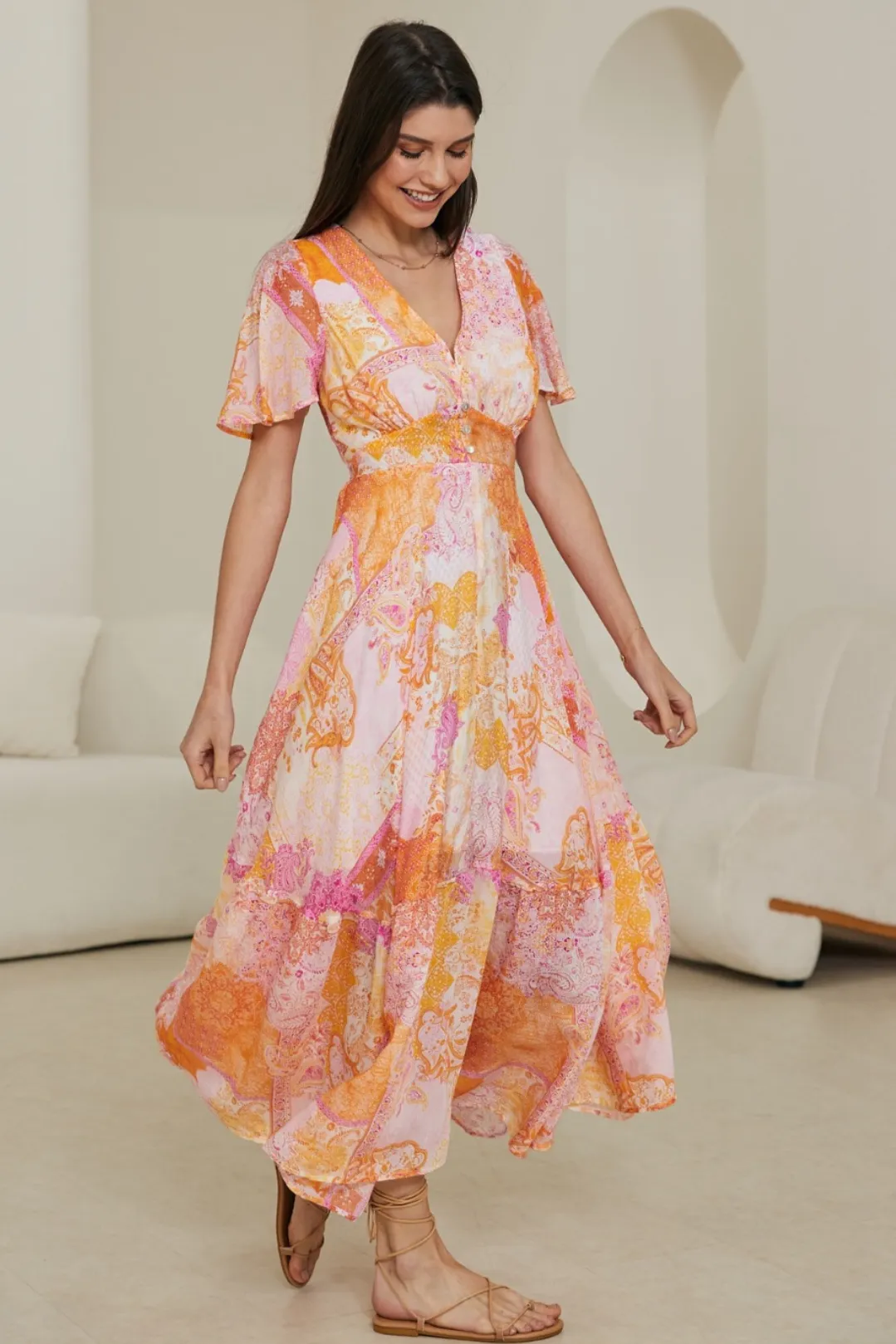 Libby Maxi Dress - Flutter Cap Sleeve Button Waist Detailed A Line Dress in Rara Print sold by Salty Crush product image thumbnail 4