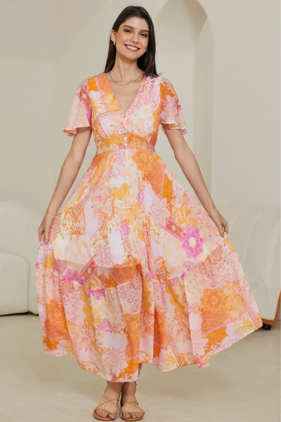 Libby Maxi Dress - Flutter Cap Sleeve Button Waist Detailed A Line Dress in Rara Print sold by Salty Crush product image thumbnail 2