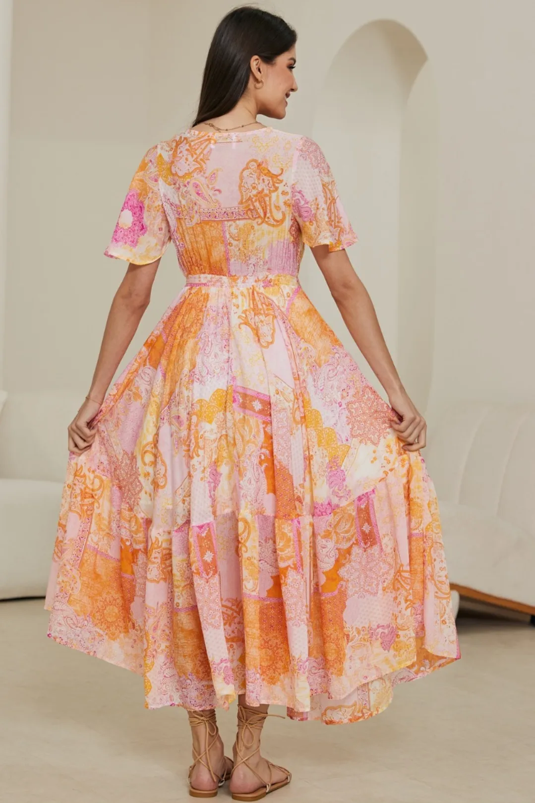 Libby Maxi Dress - Flutter Cap Sleeve Button Waist Detailed A Line Dress in Rara Print sold by Salty Crush product image thumbnail 5