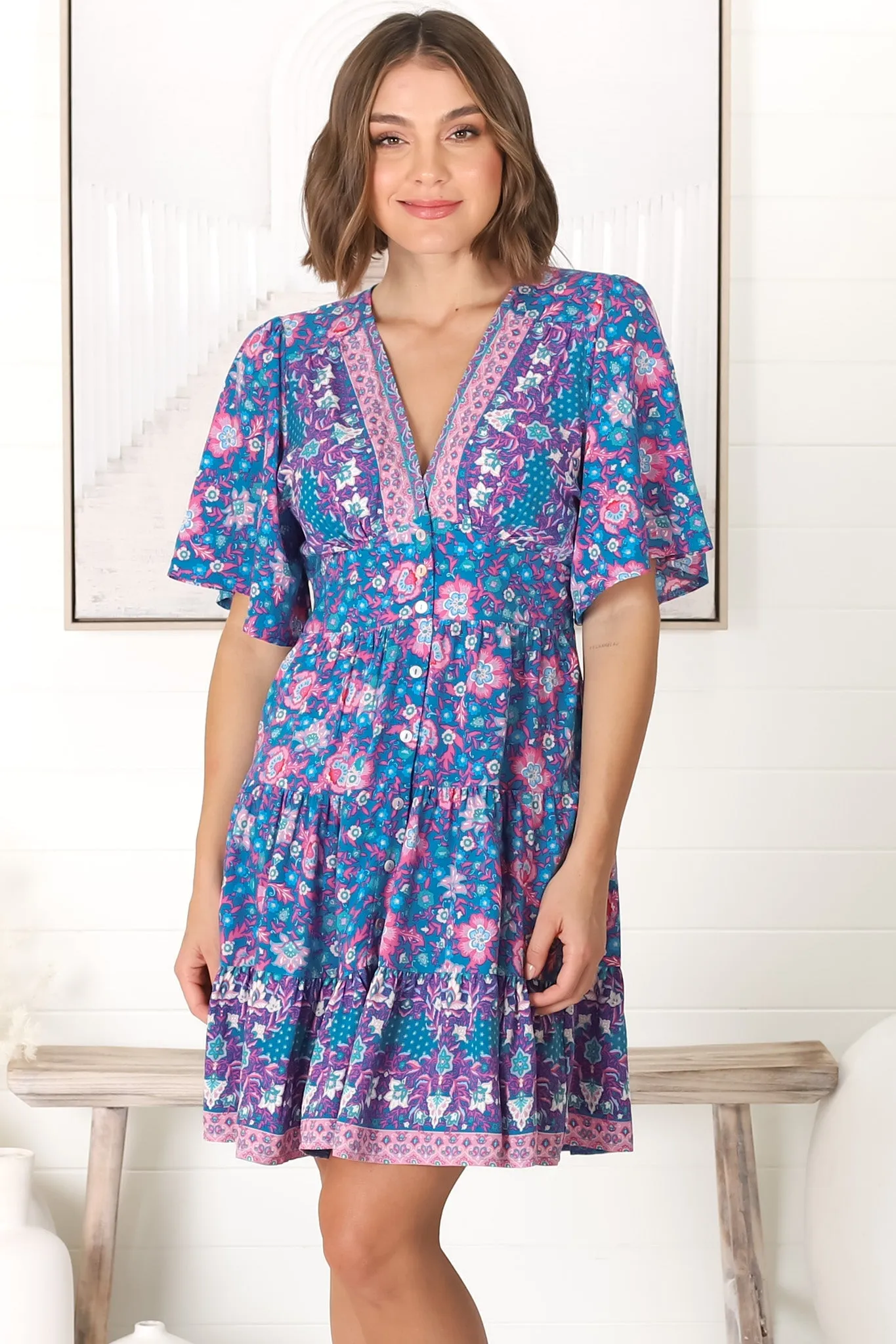 Sana Mini Dress - Bell Sleeve Button Down V Neck Dress in Prinka Print sold by Salty Crush product image thumbnail 2