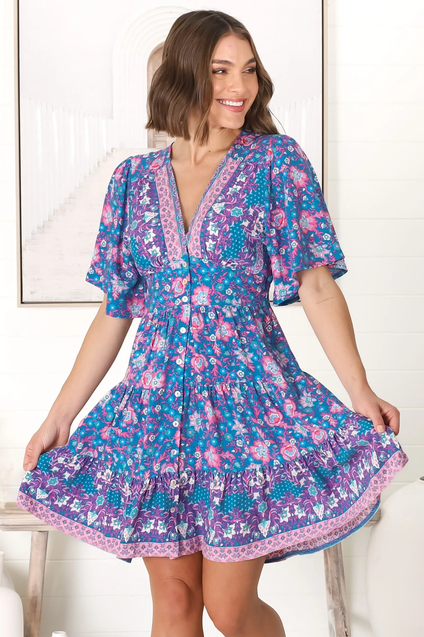 Sana Mini Dress - Bell Sleeve Button Down V Neck Dress in Prinka Print sold by Salty Crush product image thumbnail 5
