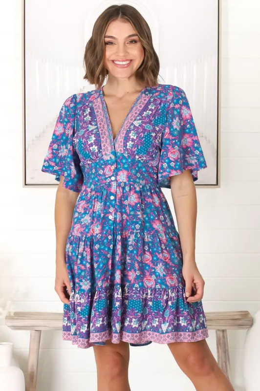 Sana Mini Dress - Bell Sleeve Button Down V Neck Dress in Prinka Print sold by Salty Crush