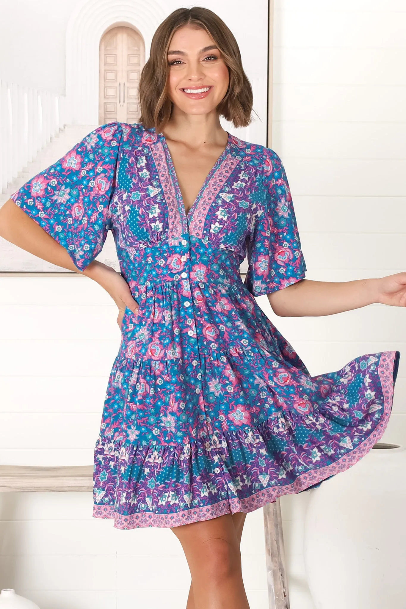 Sana Mini Dress - Bell Sleeve Button Down V Neck Dress in Prinka Print sold by Salty Crush product image thumbnail 4