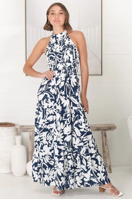 Charis Halter Maxi Dress - Elasticated Bodice Halter A Line Dress in Blue sold by Salty Crush