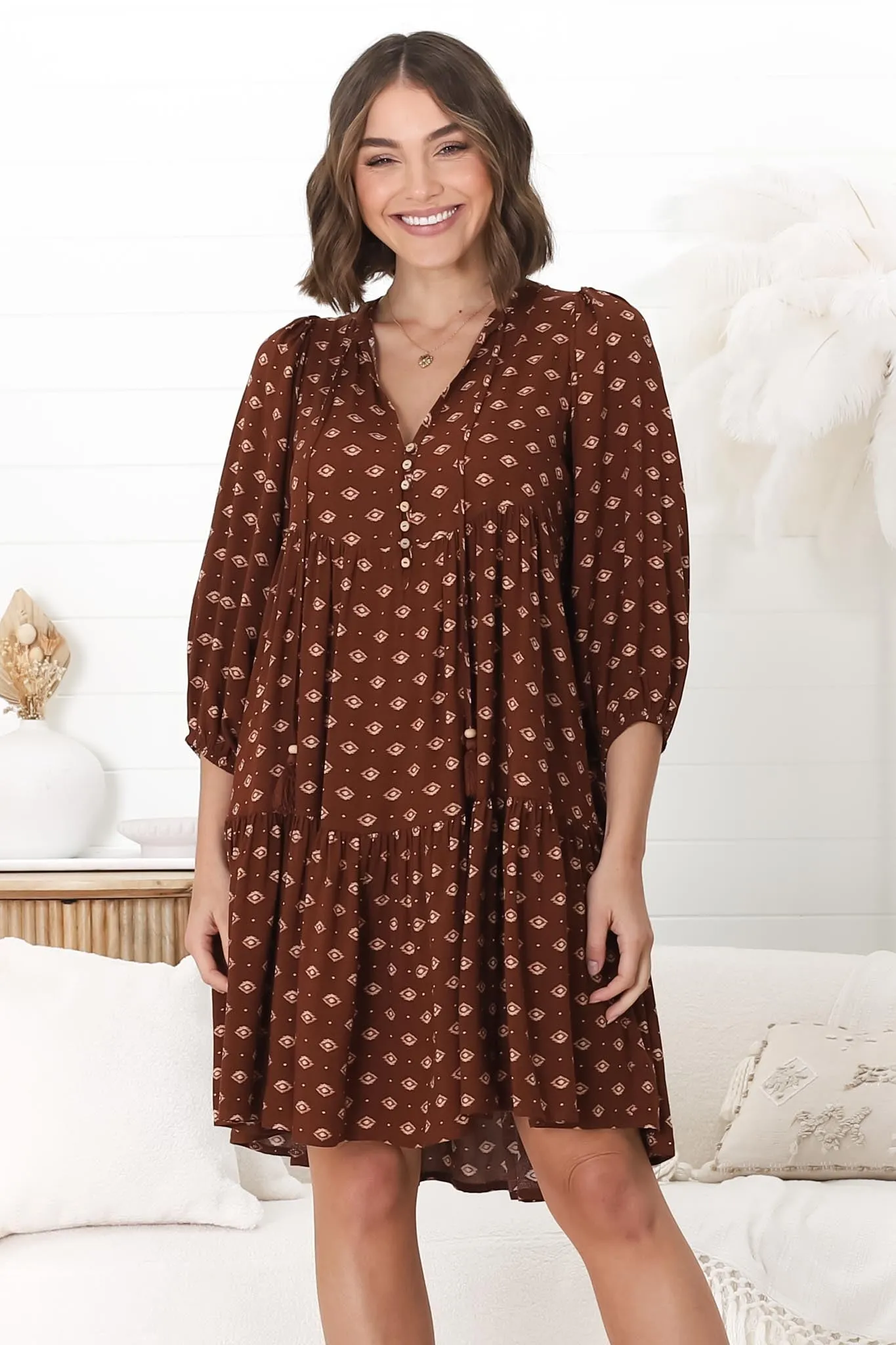 Heloise Mini Dress - Tiered Smock Dress with V Neckline Kendy Print sold by Salty Crush