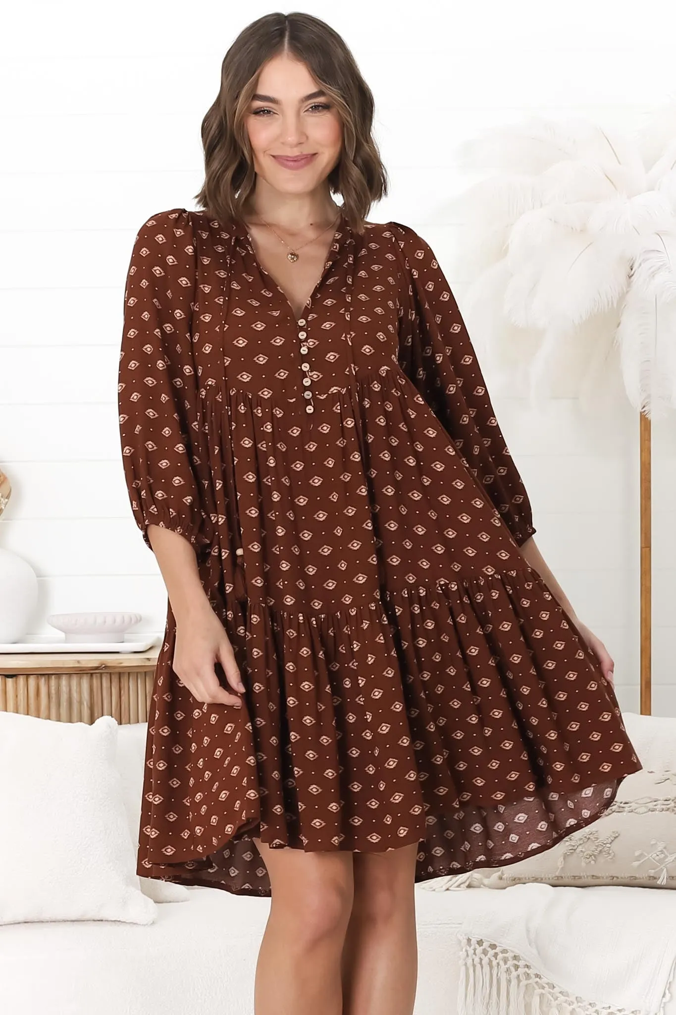 Heloise Mini Dress - Tiered Smock Dress with V Neckline Kendy Print sold by Salty Crush product image thumbnail 5