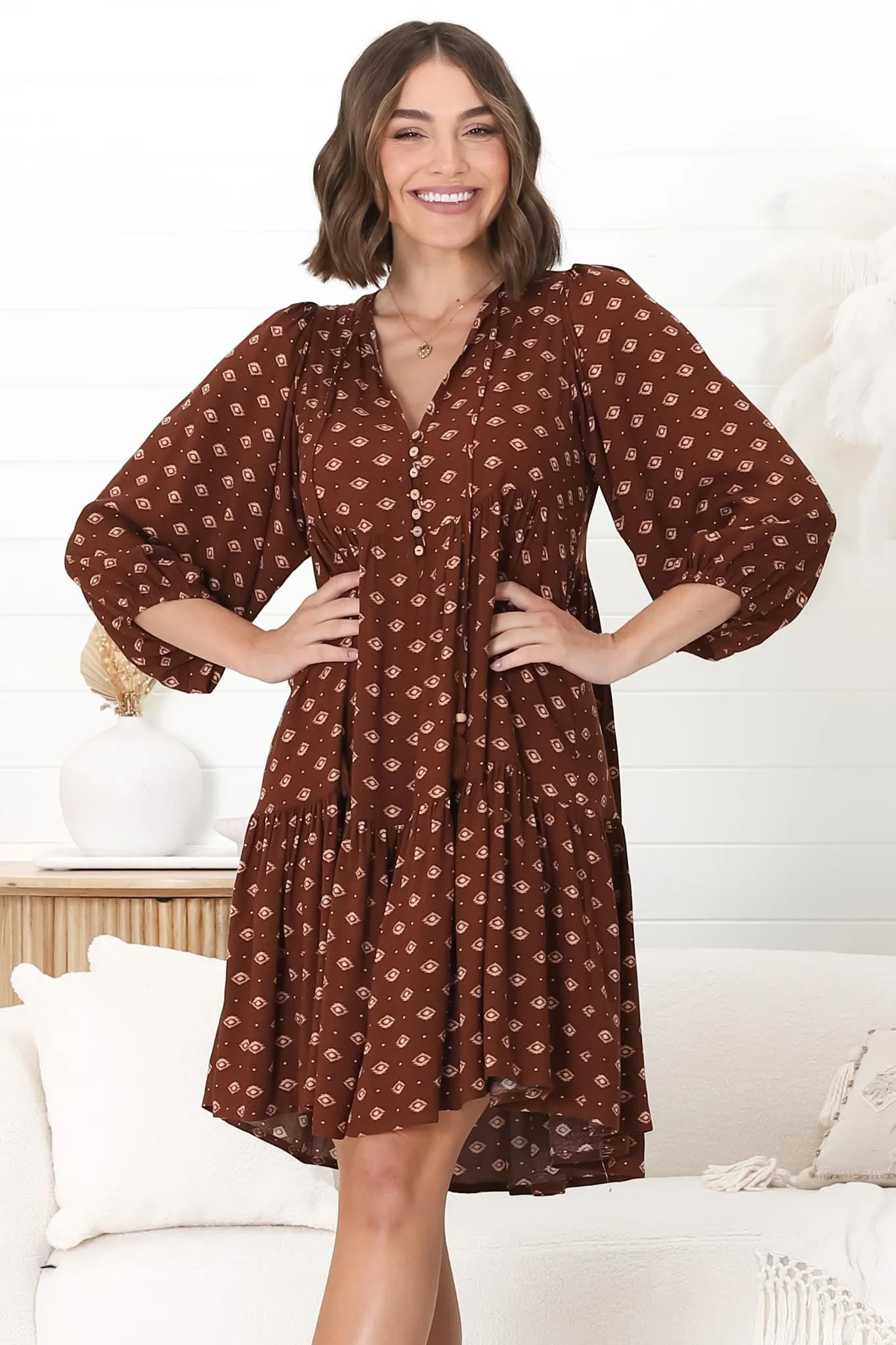 Heloise Mini Dress - Tiered Smock Dress with V Neckline Kendy Print sold by Salty Crush product image thumbnail 4