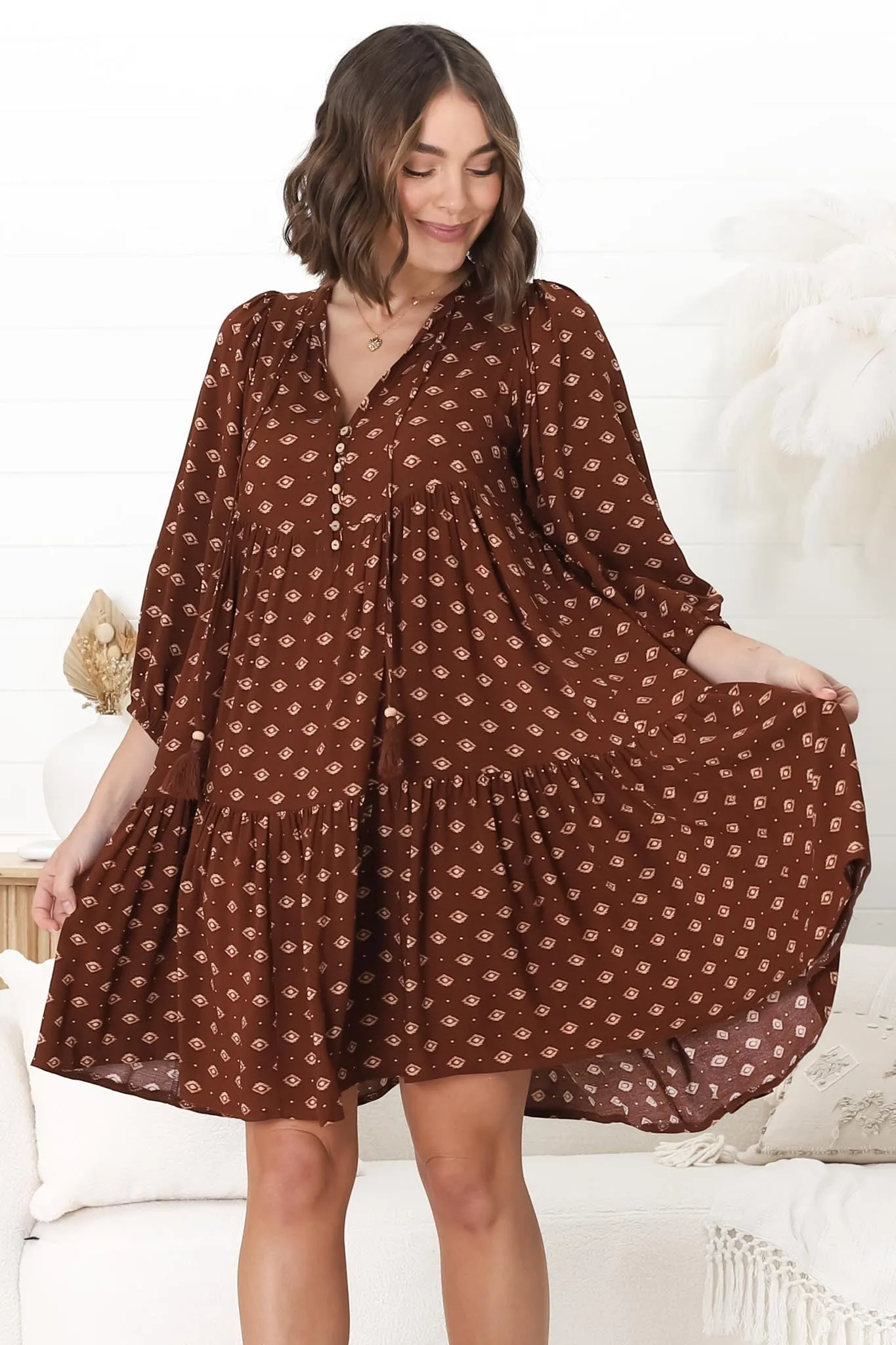 Heloise Mini Dress - Tiered Smock Dress with V Neckline Kendy Print sold by Salty Crush product image thumbnail 2