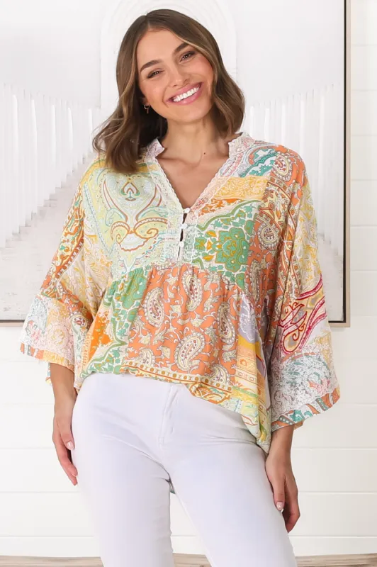 Kori Top - Lace Trim Flute Sleeve Smock Top in Lemzie Print Yellow sold by Salty Crush