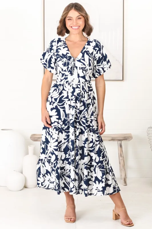 Charis Midi Dress - Pull In V Neckline Dress With Cap Balloon Sleeves In Blue sold by Salty Crush