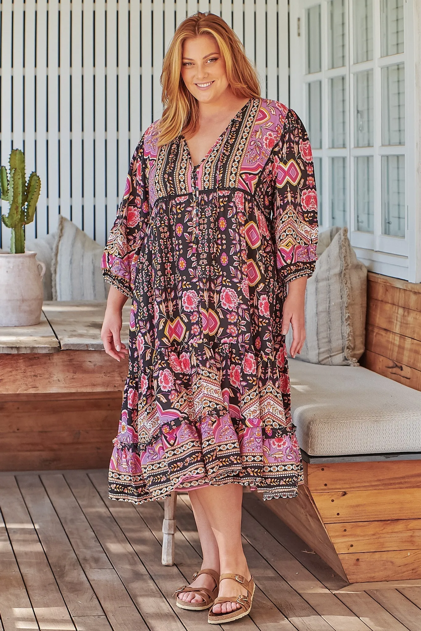 JAASE - Monday Midi Dress: V Neck Crochet Bustline Smock Dress with Balloon Sleeves in Cherry Blossom sold by Salty Crush product image thumbnail 5