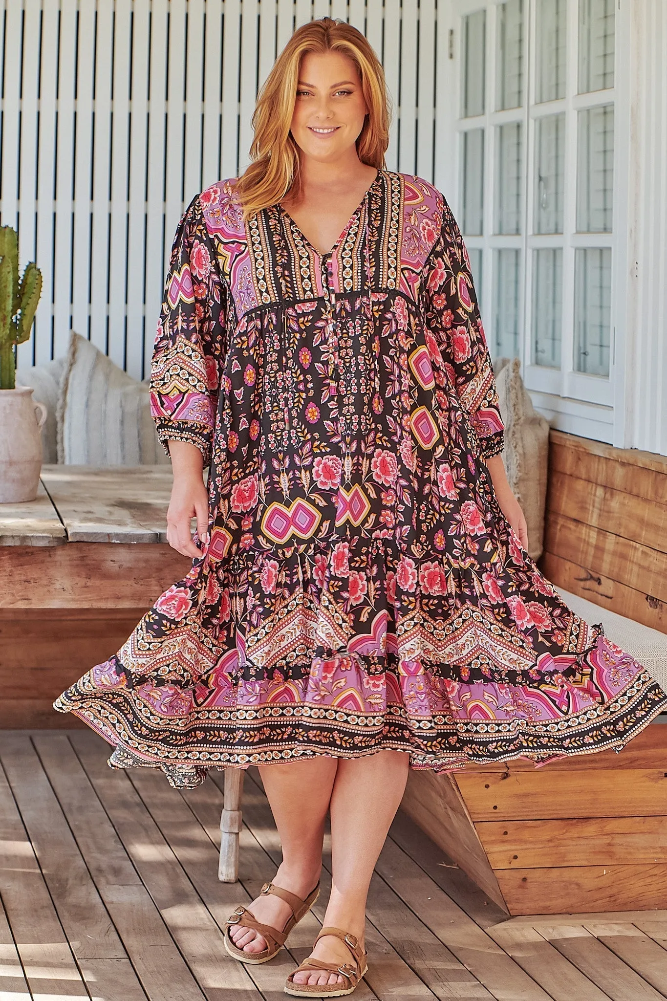 JAASE - Monday Midi Dress: V Neck Crochet Bustline Smock Dress with Balloon Sleeves in Cherry Blossom sold by Salty Crush product image thumbnail 2