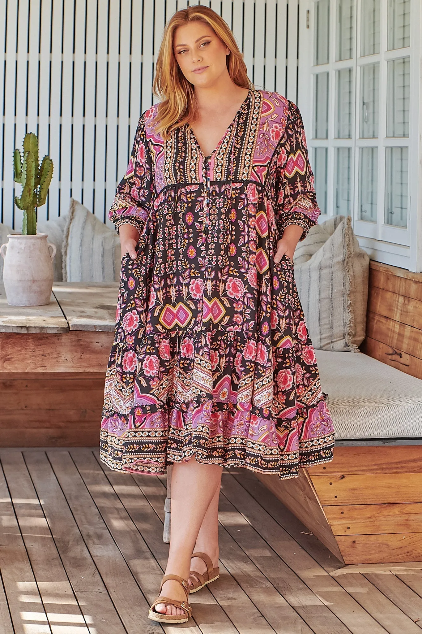 JAASE - Monday Midi Dress: V Neck Crochet Bustline Smock Dress with Balloon Sleeves in Cherry Blossom sold by Salty Crush