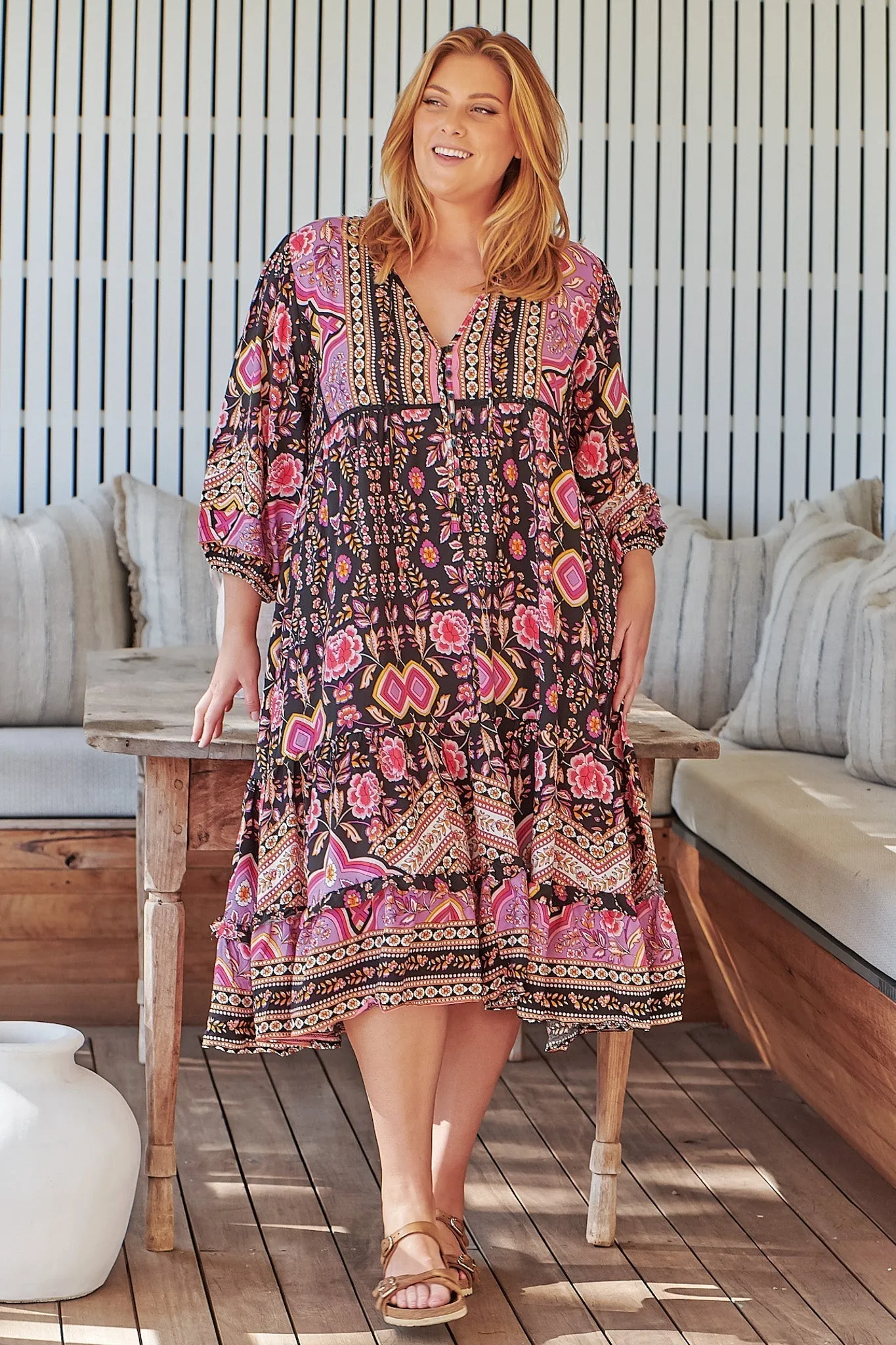 JAASE - Monday Midi Dress: V Neck Crochet Bustline Smock Dress with Balloon Sleeves in Cherry Blossom sold by Salty Crush product image thumbnail 4