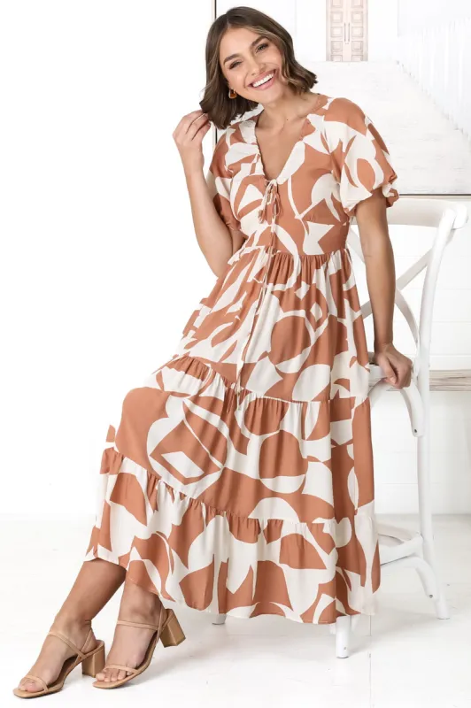 Fava Midi Dress - Pull In Neckline with Cap Sleeves Dress in Azira Print Rust sold by Salty Crush