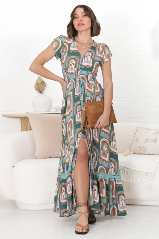 JAASE - Romi Maxi Dress: Button Down Cap Sleeve Dress with Waist Tie in Emerald Arches Print sold by Salty Crush