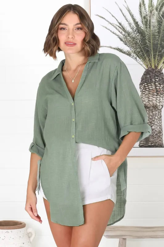 Beachly Shirt - Folded Collar Button Down Relaxed Shirt In Khaki sold by Salty Crush