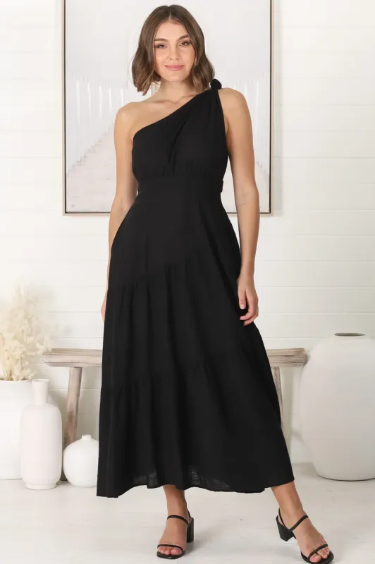 Sybel Midi Dress - One Shoulder Knotted Detail Tiered Linen Blend Dress in Black sold by Salty Crush