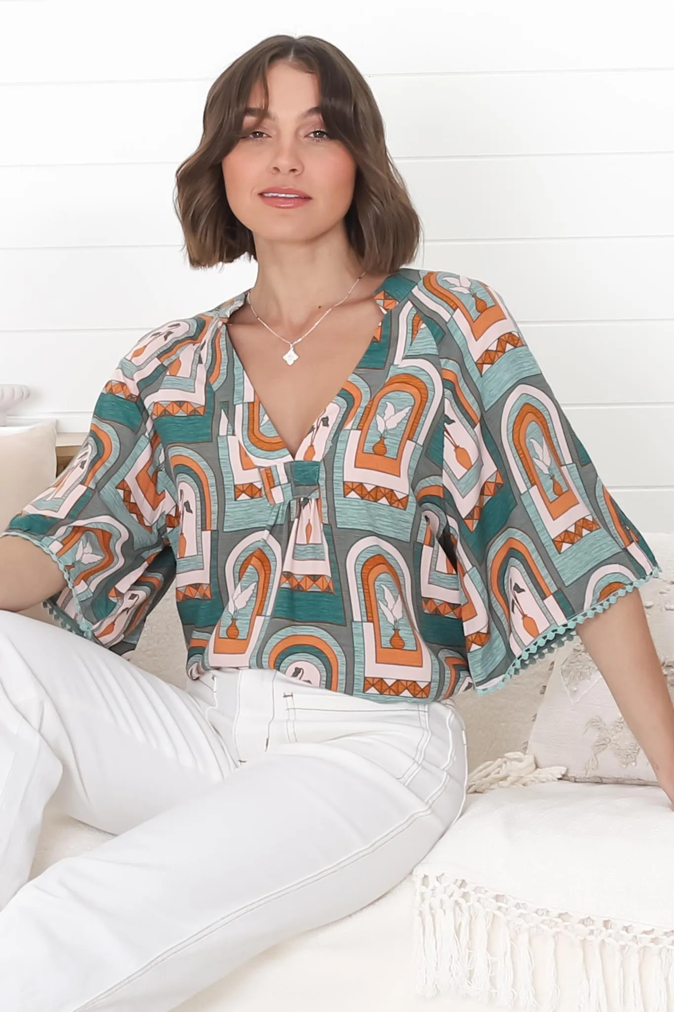 JAASE - Gabriella Top: Mandarin Collar Deep V Neck Crochet Trim Top in Emerald Arches Print sold by Salty Crush product image thumbnail 4