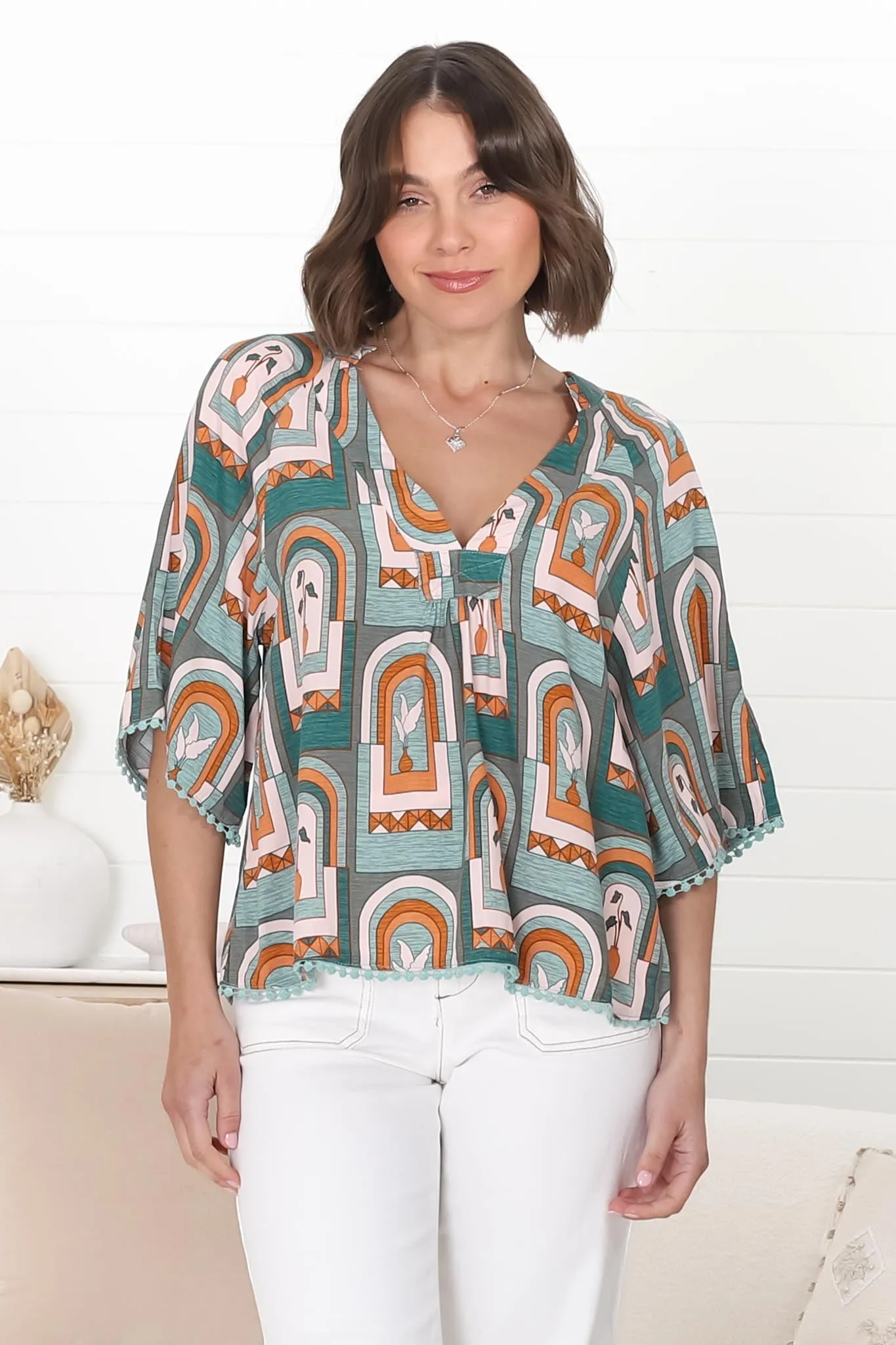 JAASE - Gabriella Top: Mandarin Collar Deep V Neck Crochet Trim Top in Emerald Arches Print sold by Salty Crush product image thumbnail 5