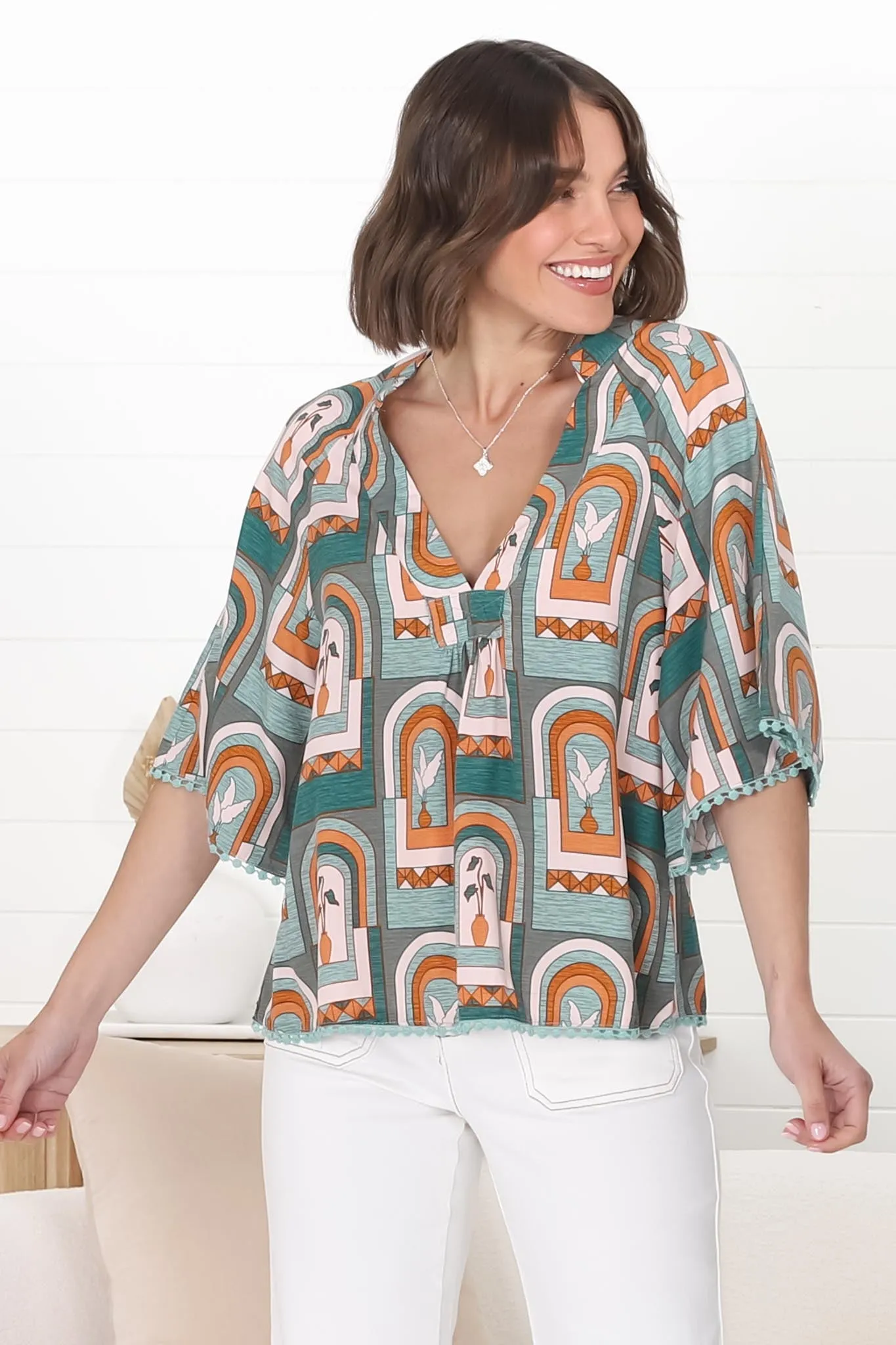 JAASE - Gabriella Top: Mandarin Collar Deep V Neck Crochet Trim Top in Emerald Arches Print sold by Salty Crush product image thumbnail 2