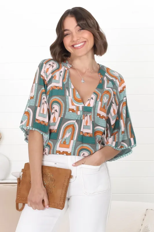 JAASE - Gabriella Top: Mandarin Collar Deep V Neck Crochet Trim Top in Emerald Arches Print sold by Salty Crush