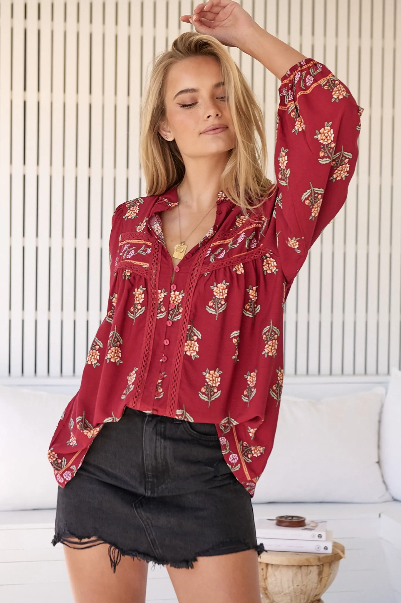 Bee Blouse - Lace Decal Button Down Long Sleeve Blouse in Grenache Print sold by Salty Crush product image thumbnail 2