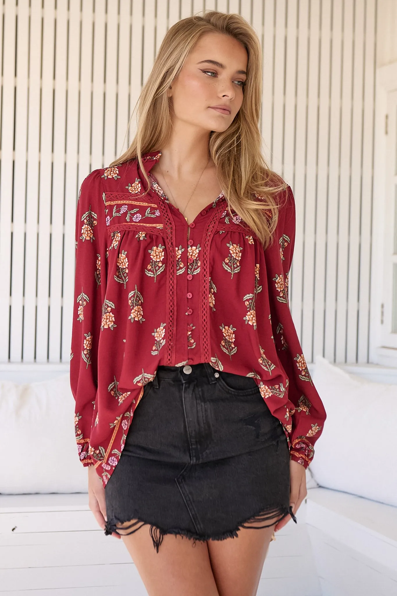 Bee Blouse - Lace Decal Button Down Long Sleeve Blouse in Grenache Print sold by Salty Crush product image thumbnail 5