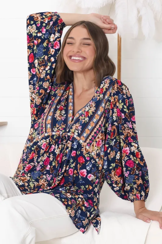 Joelle Top - V Neck High-Low Top in Elyce Print sold by Salty Crush