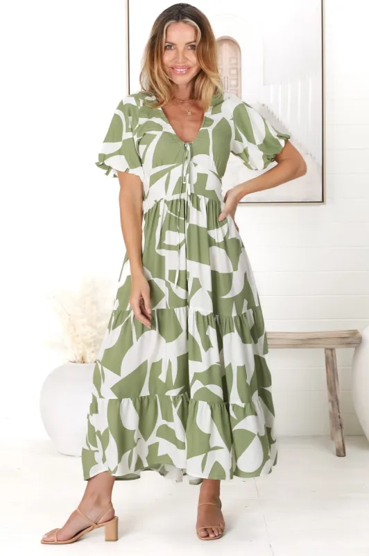 Ellen Midi Dress - Pull In V Neckline Dress With Cap Balloon Sleeves In Azira Print Kiwi sold by Salty Crush