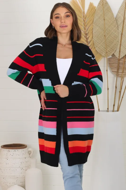 Kodie Cardigan - Open Front Bold Rainbow Stripe Cardigan in Black sold by Salty Crush