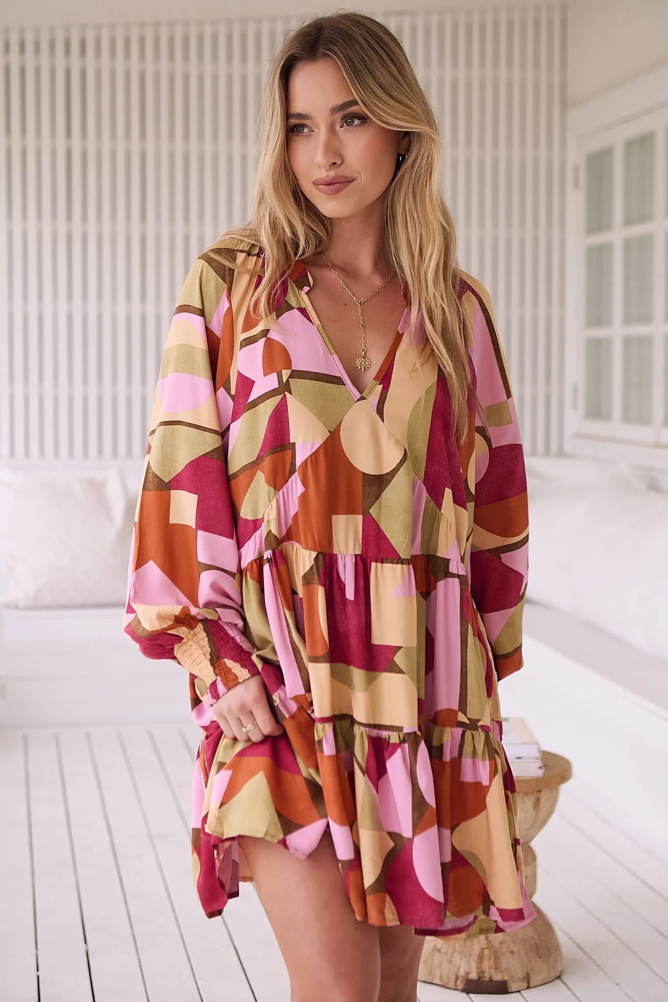 JAASE - Soul Mini Dress: Mandarin Collar V Neck Long Sleeve Smock Dress in the Freya Print sold by Salty Crush product image thumbnail 3