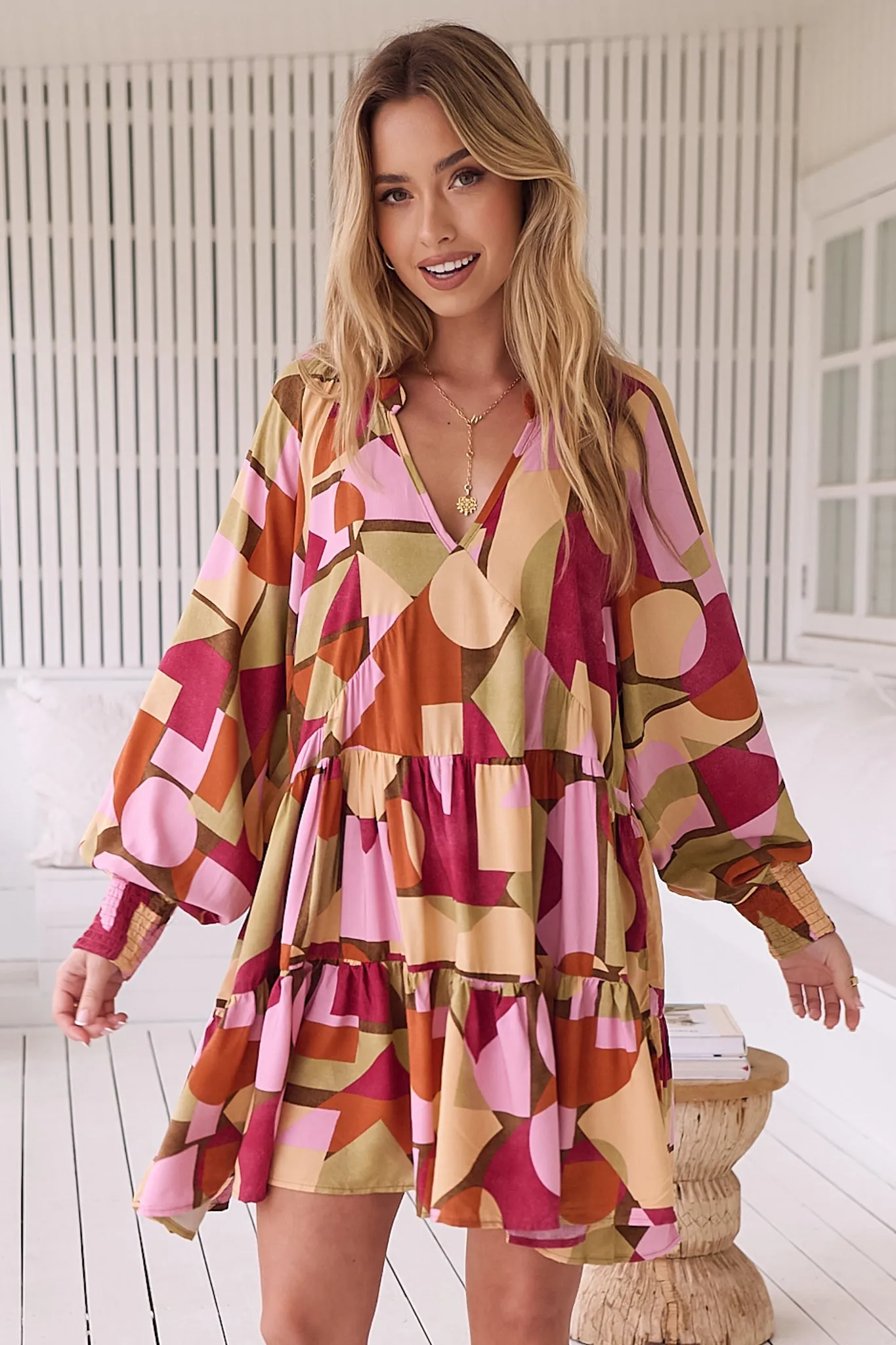 JAASE - Soul Mini Dress: Mandarin Collar V Neck Long Sleeve Smock Dress in the Freya Print sold by Salty Crush product image thumbnail 5