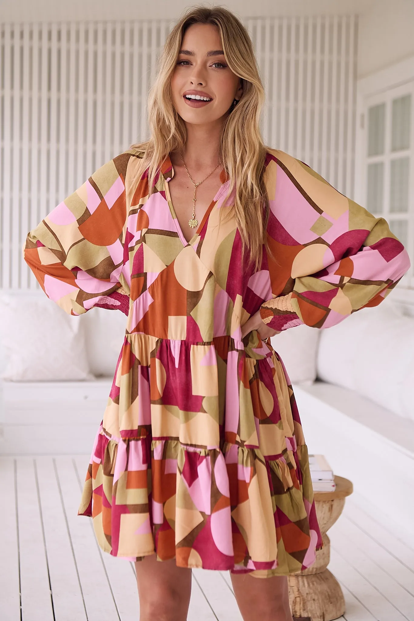 JAASE - Soul Mini Dress: Mandarin Collar V Neck Long Sleeve Smock Dress in the Freya Print sold by Salty Crush product image thumbnail 2