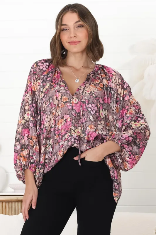 Marietta Top - Pull Over Plisse Blouse with Gold Tinsel Threading in Leya Print sold by Salty Crush