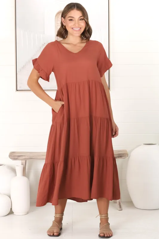 Ame Midi Dress - V Neck Frill Sleeve Tiered Dress in Rust sold by Salty Crush