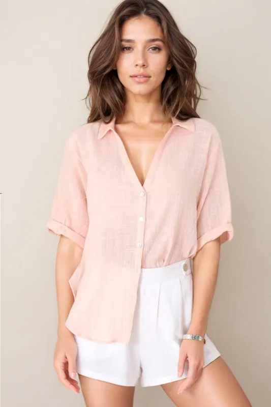 Shelly Shirt - Linen Collared Button Down Shirt in Pink sold by Salty Crush