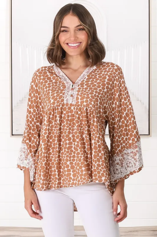 Kori Top - Lace Trim Flute Sleeve Smock Top in Aminah Print Rust sold by Salty Crush