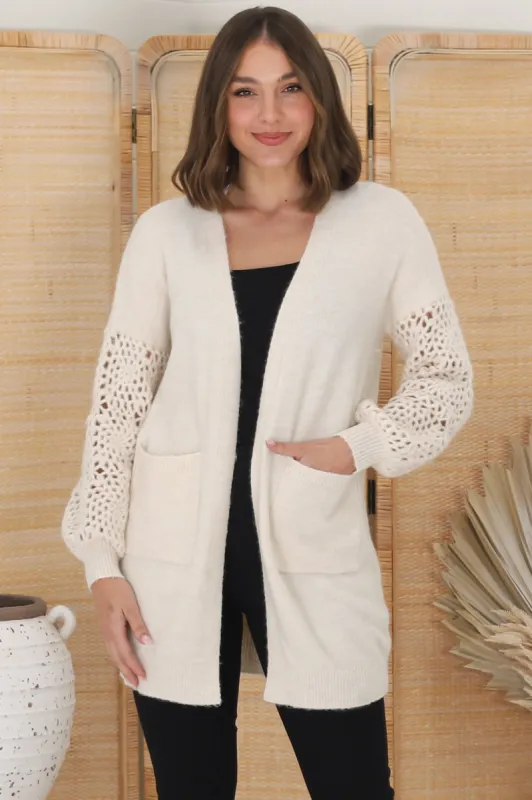 Lorena Cardigan - Holey Knit Sleeve Cardigan in Sand sold by Salty Crush