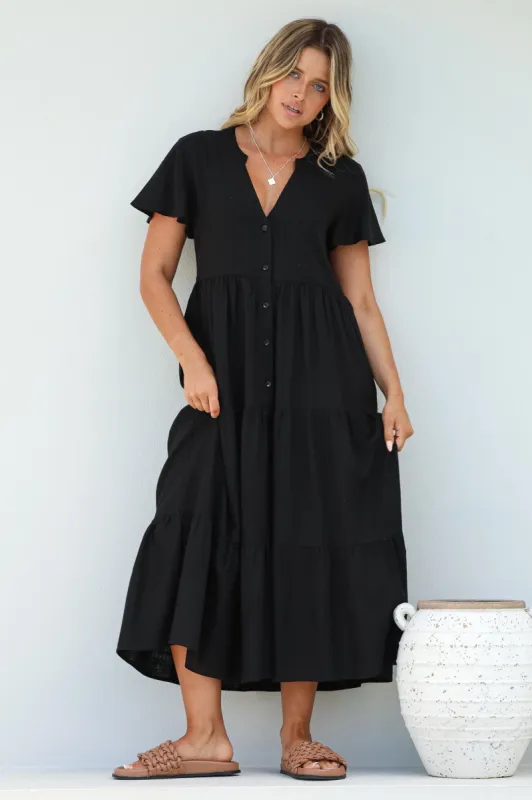 Milla Midi Dress - Tiered Cap Sleeve Button Down Linen Dress in Black sold by Salty Crush